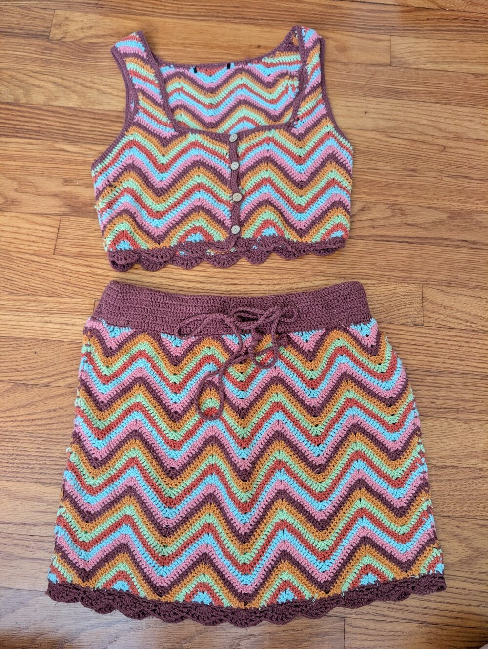 Brown Multi Crochet Chevron Mini Skirt And Crop Top Set Boho Festival - Picture 2 of 6
